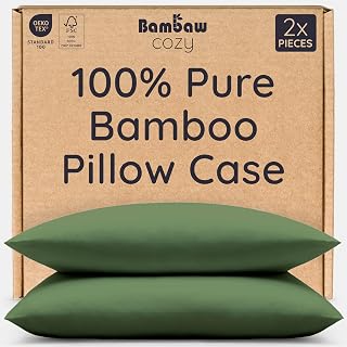 Bambaw 100% Bamboo Pillow Cases Pack of 2 50x75 cm, Soft Cooling Pillow Cases for Night Sweats, Bamboo Pillows Cases Pack of 2, Envelope Closure, Temperature Balancing Pillowcases 50x75 cm (Olive)