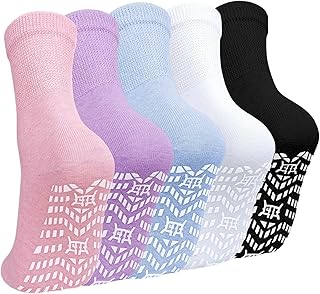 ZAKASA Non-slip Womens Slipper Socks: Grip Socks Womens Cotton Hospital Anti Skid Sock Women Athletic Grippy Sock with Non Elastic Cuff 5 Pairs