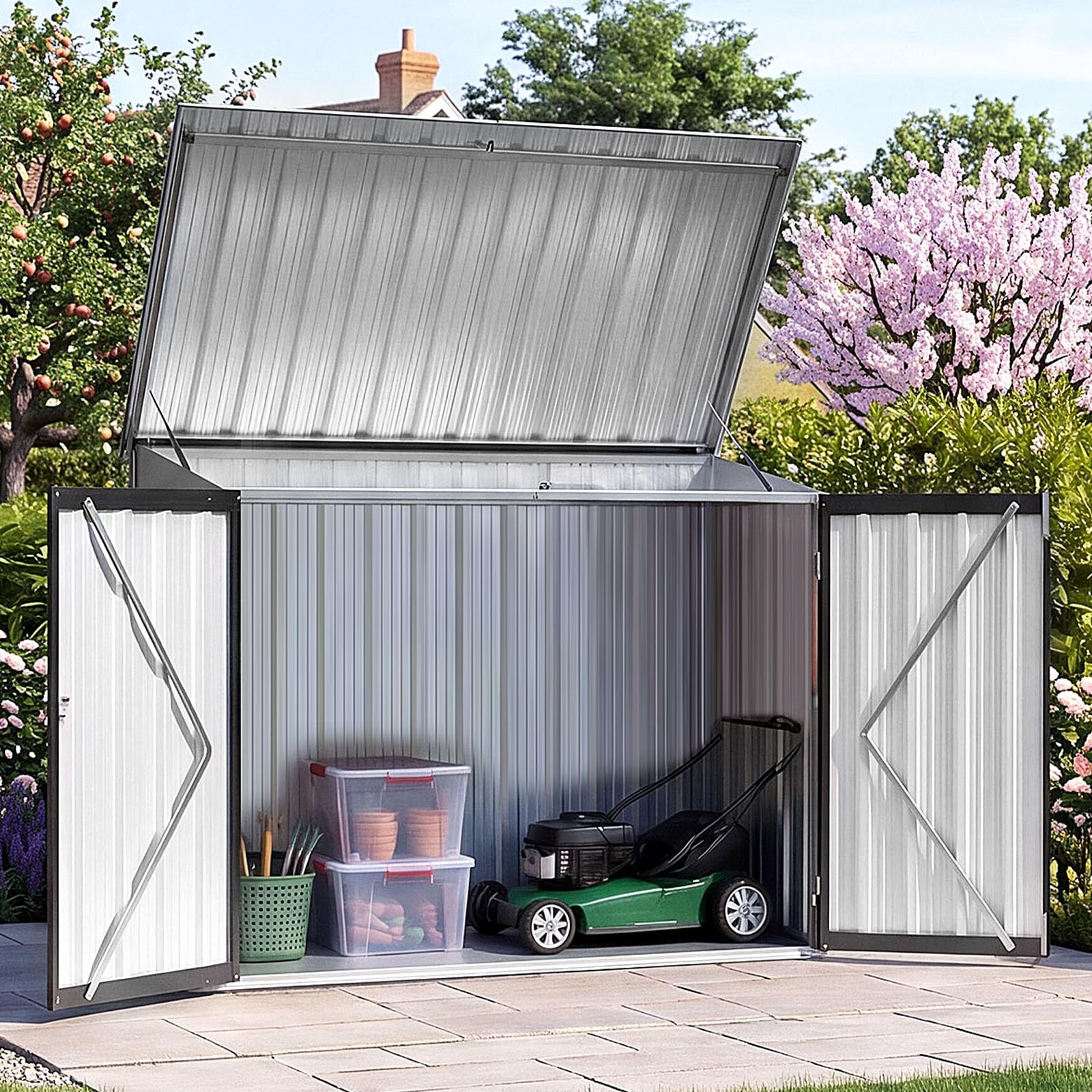 Aoxun 4x2ft(Overall Dimensions) Metal Garden Shed, Openable Front & Top Doors, O