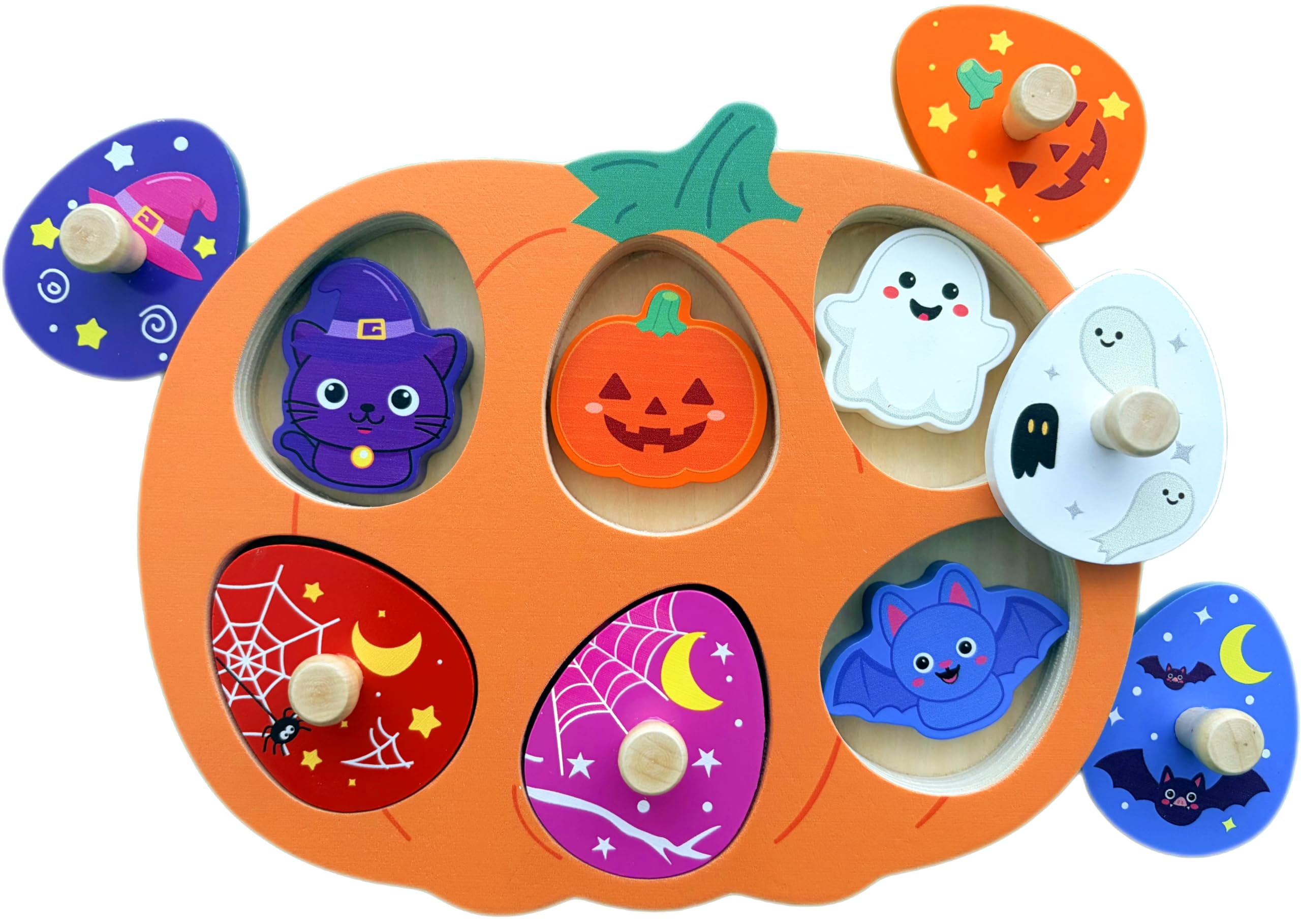 Montessori Toys for 1 2 3 Year Old Toddlers, Halloween Wooden Peg Puzzle | Hallo