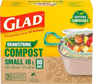 Glad Certified Compostable Drawstring Bags - Small 10 Litres - Drawstring, 80 Compost Trash Bags - Unscented