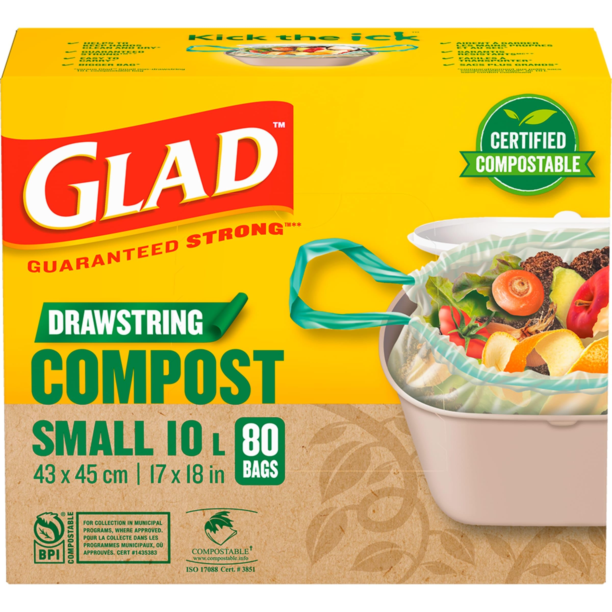 Glad Certified Compostable Drawstring Bags - Small 10 Litres - Drawstring, 80 Co