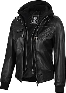fjackets Leather Jacket for Women, Real Lambskin Fur Jackets for Women with Removable Hood, Edinburgh Black Fur Jacket for Women, X-Large