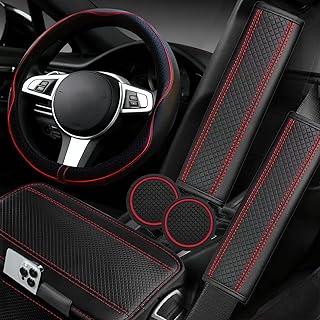 NBTEPEM 6 PCS Car Steering Wheel Cover Set, Microfiber Leather Steering Wheel Covers Universal 14.5-15 inch, Center Console Cover, Seat Belt Cushion, Cup Holder Coaster, Car Accessories Set Red