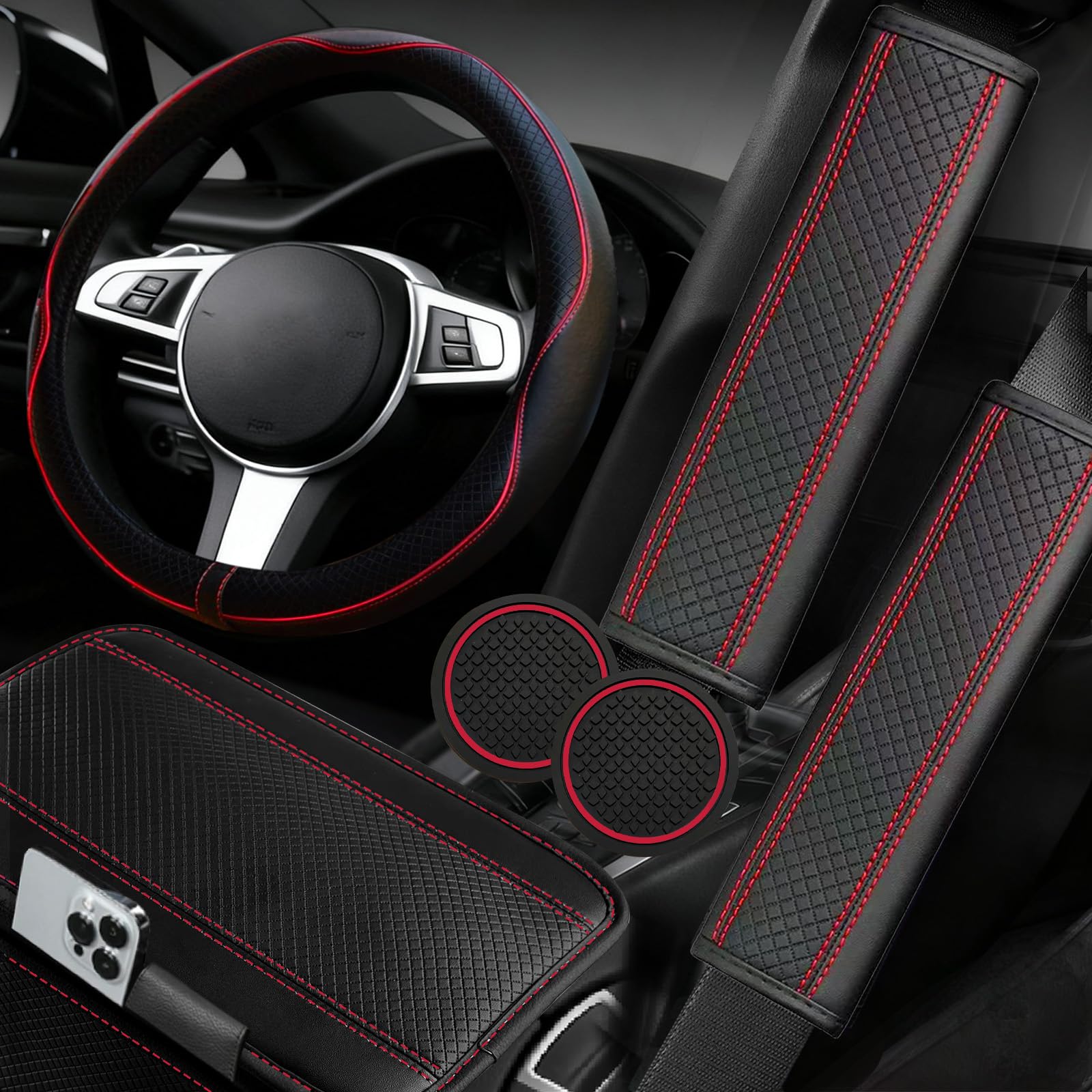 NBTEPEM 6 PCS Car Steering Wheel Cover Set, Microfiber Leather Steering Wheel Co