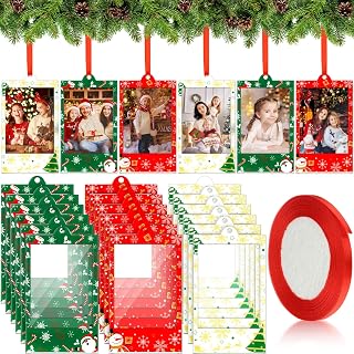 Vercraft 24 Pcs Christmas Photo Picture Frames 54 x 86 mm Fit Camera 2 x 3'' Photo Size Acrylic Christmas Tree Ornament Frame with Thin Red Satin Ribbon Blank Double Sided Xmas Party