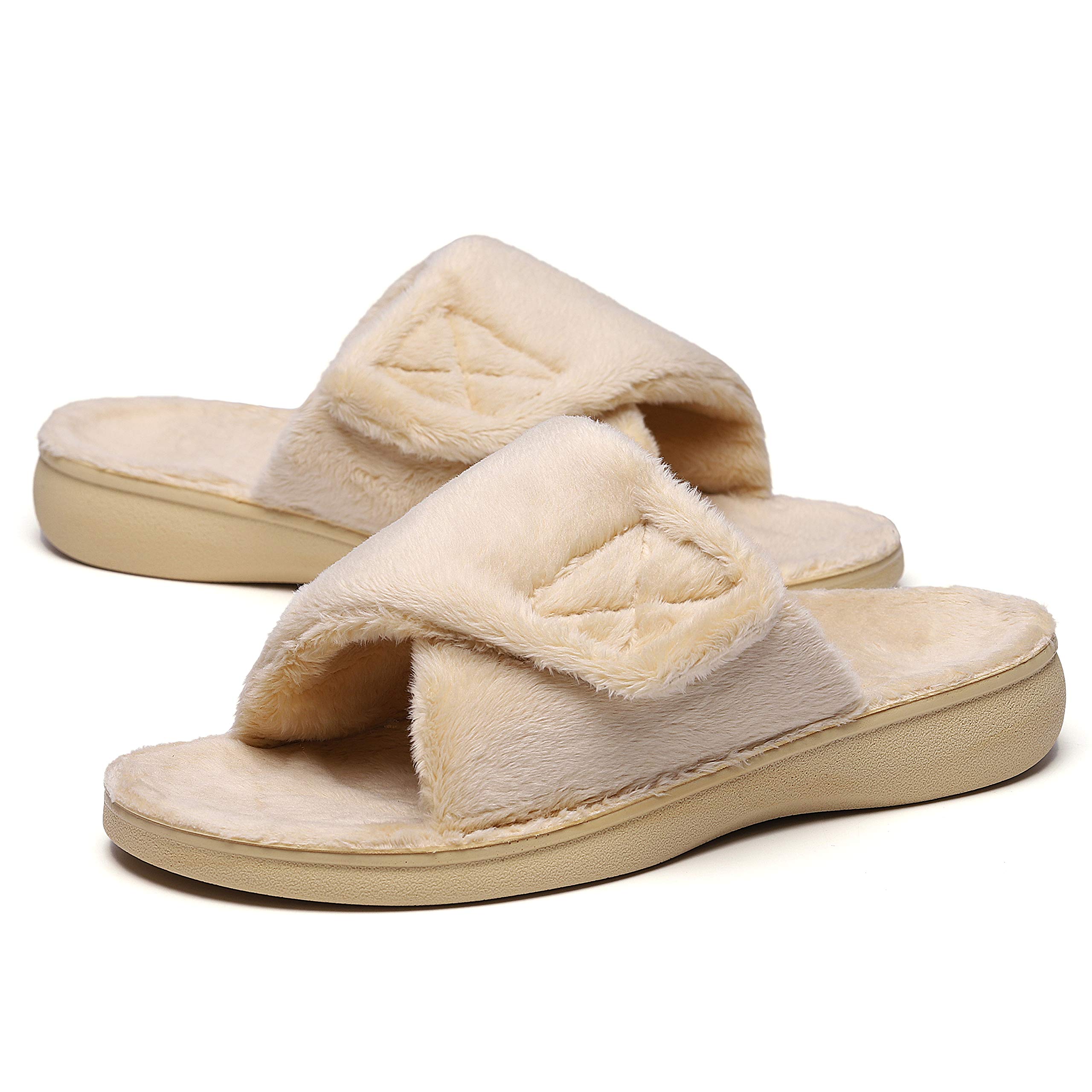 SOLLBEAM Women's Plantar Fasciitis Fuzzy House Orthopedic Adjustable Slippers Wi