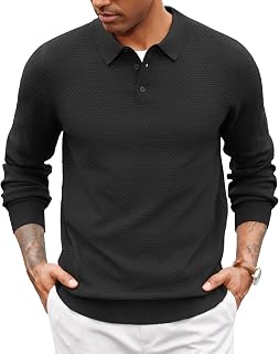 Coofandy Jersey de Manga Larga para Hombre, suéter de Punto Tipo Polo, suéter de Invierno, Casual, Color Liso, Ajuste Regular
