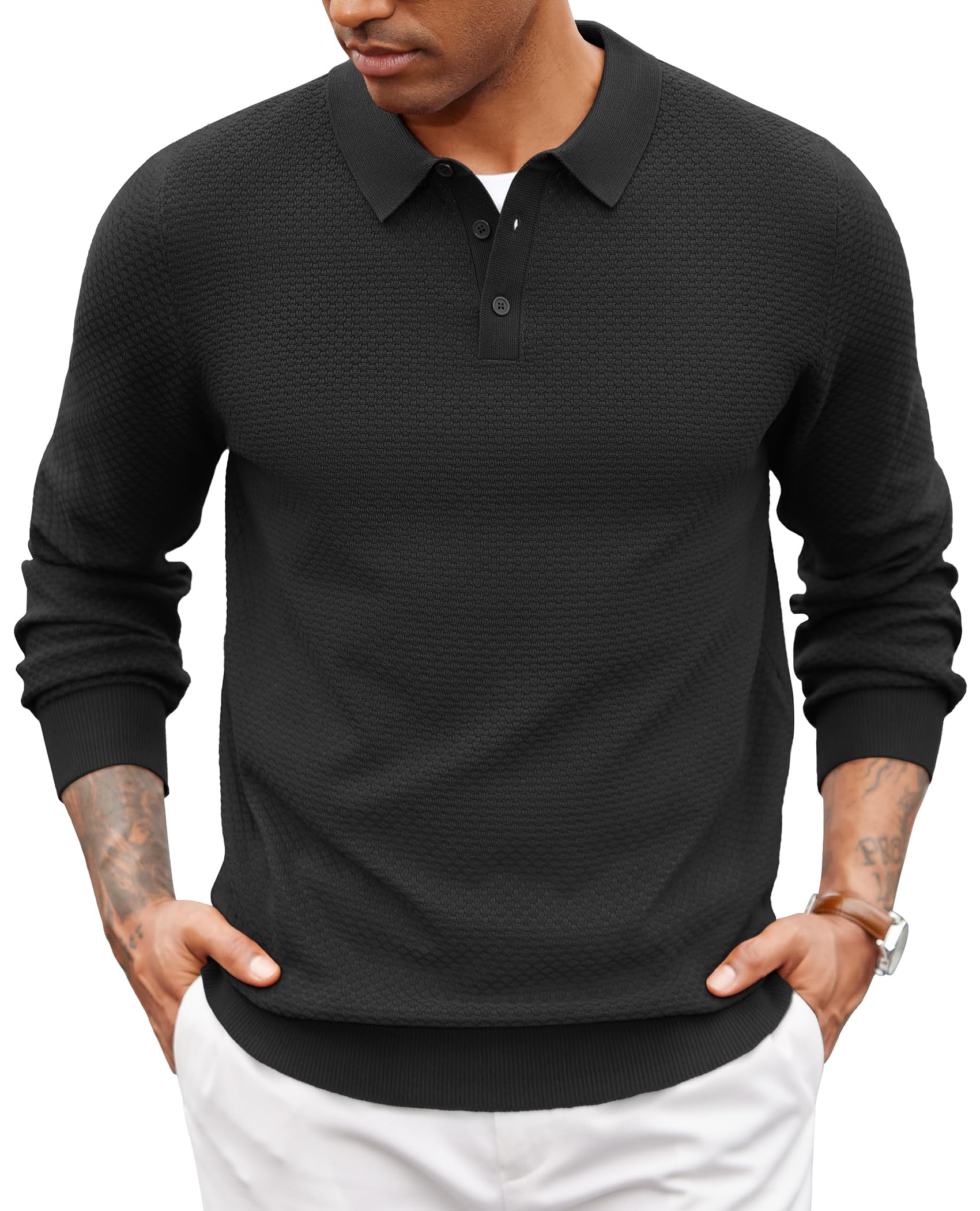 Coofandy Jersey de Manga Larga para Hombre, suéter de Punto Tipo Polo, suéter de