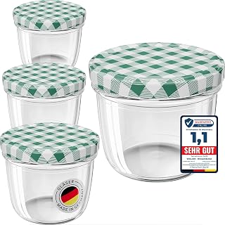 WELLGRO 6 x Preserving Jars with Screw Lids - 230 ml, 8.5 x 6.5 cm (Diameter x H), Glass/Metal, Green Checked Lids To 82, Jars Made in Germany