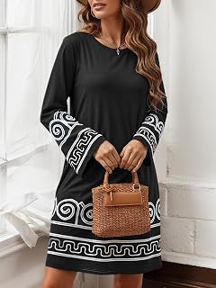 Women's Long Bell Sleeve Round Neck Dress Autumn Print Spring Casual Flared Dress
