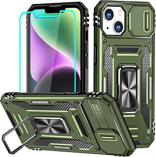 For iPhone 14 Plus Case Metal Ring Mobile Phone Case & Screen Protector, Hybrid Case Stand Bumper Mobile Phone Cases Cover for iPhone 14 Plus, Dark Green