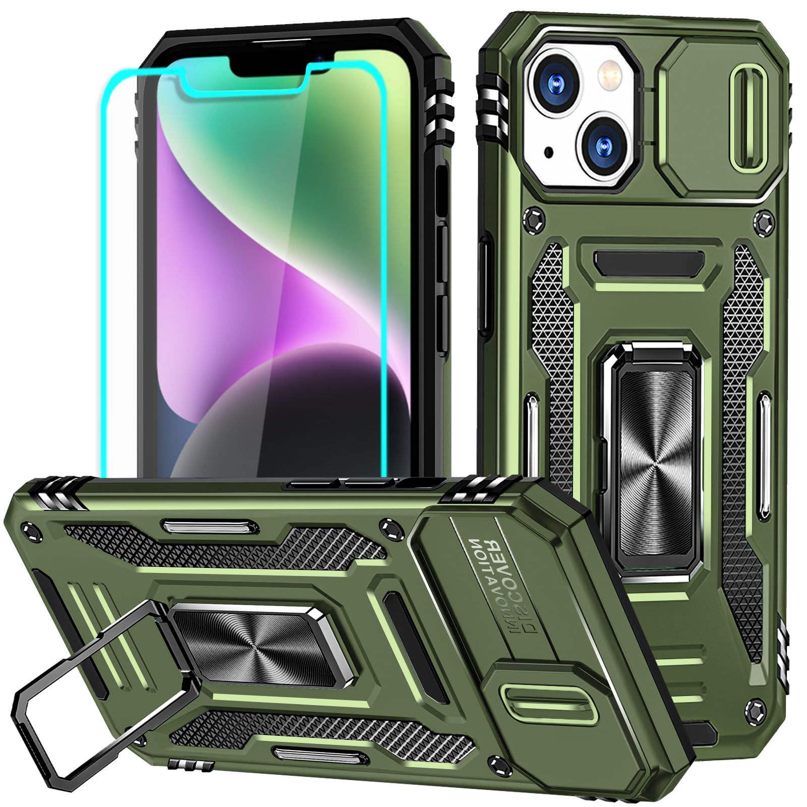 For iPhone 14 Plus Case Metal Ring Mobile Phone Case & Screen Protector, Hybrid 