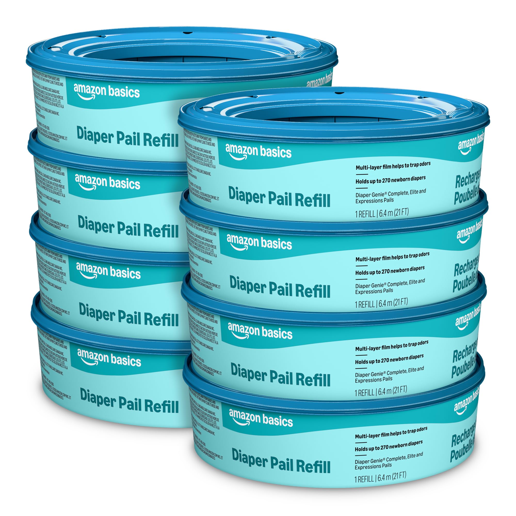 Amazon Basics Diaper Pail Refills for Genie Pails, Unscented, 2160 Count (8 Pack