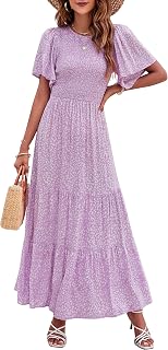 ZESICA Women's Summer Boho Floral Smocked Short Sleeve Maxi Dress