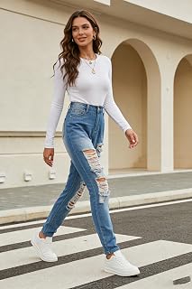 High waisted distressed jeans for women, relaxed fit ripped jeans for casual daily wear