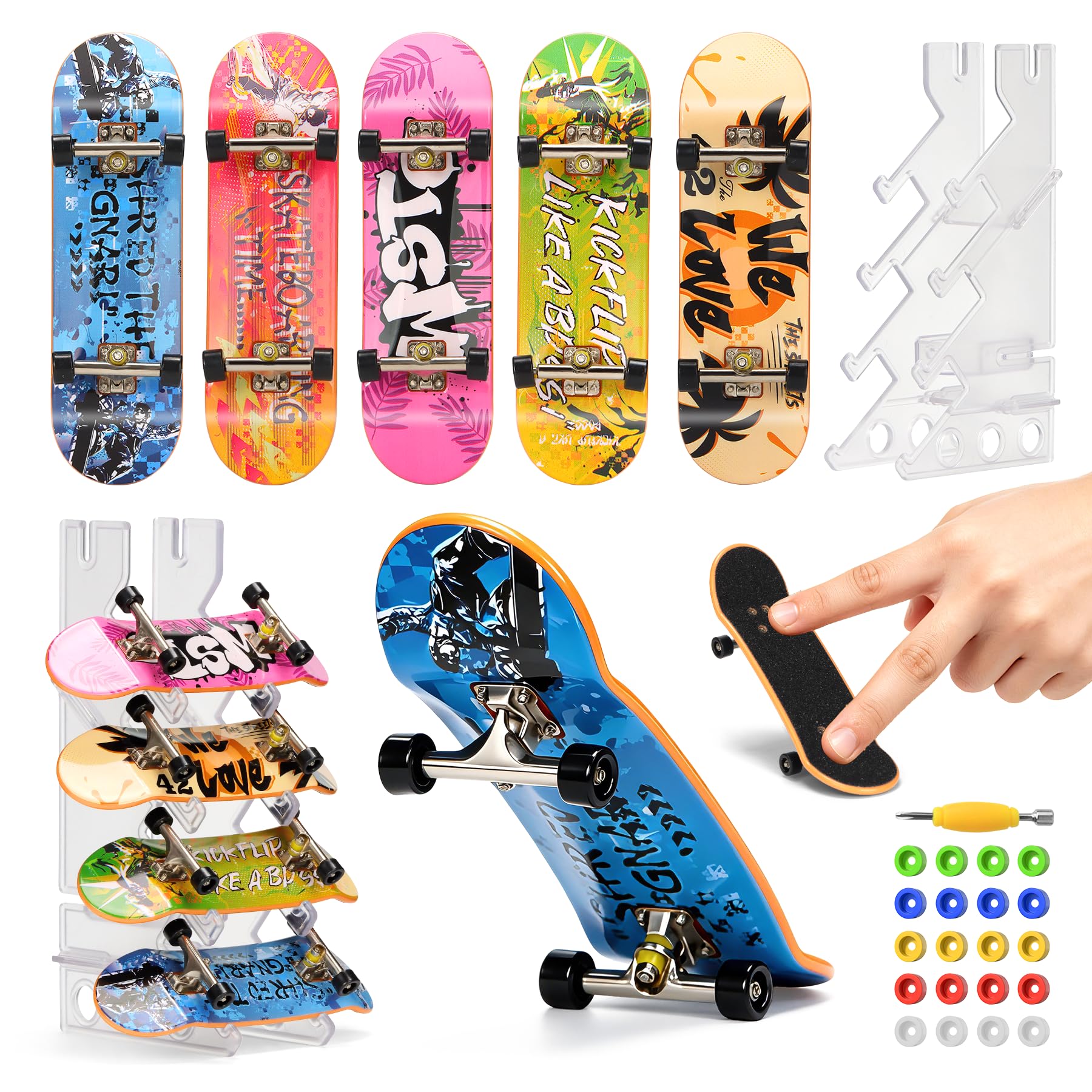 CS COSDDI Finger Skateboard Set，5 Pro Fingerboards and Rack | Bigger& Heavier Fi