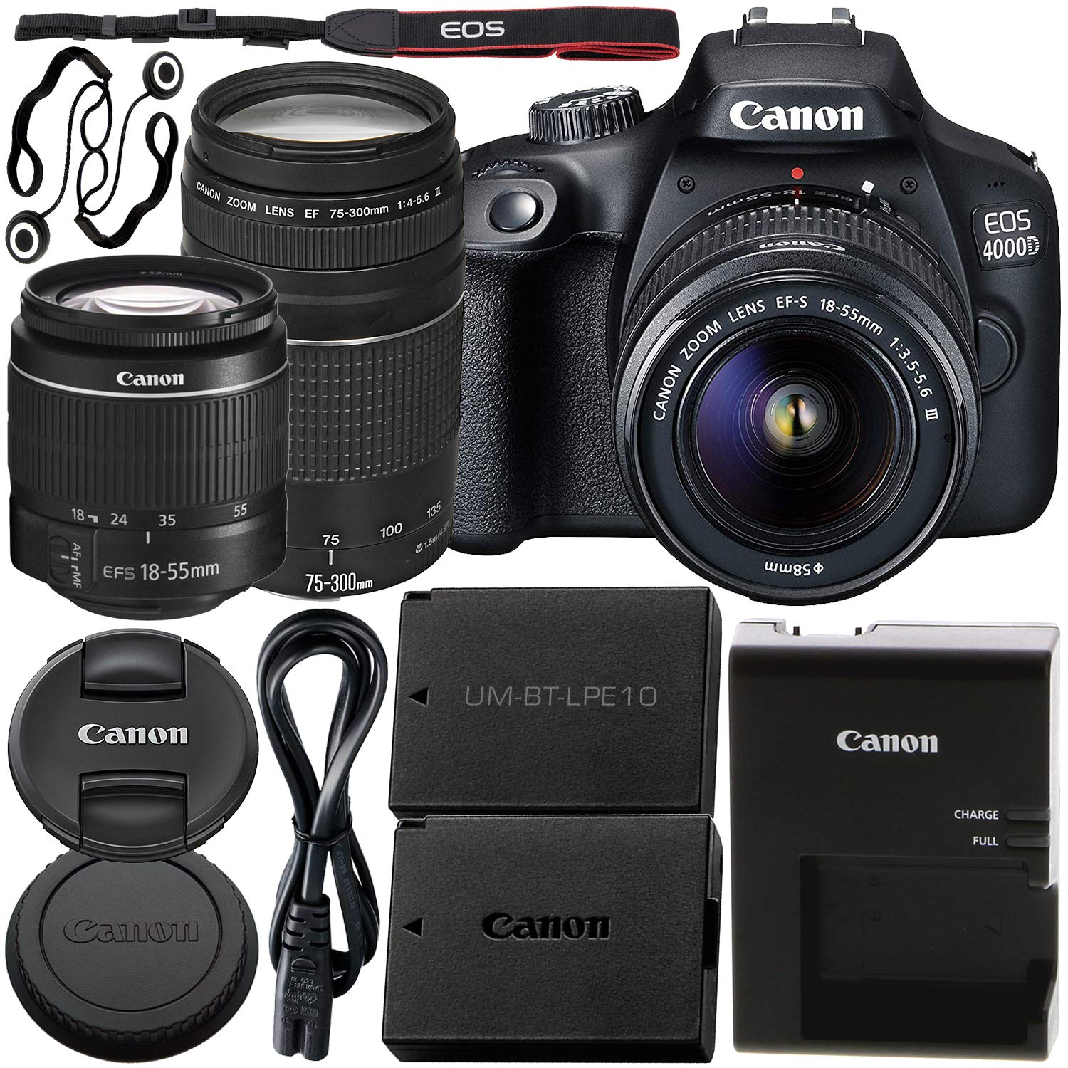Canon EOS 4000D DSLR Camera with EF-S 18-55mm III Lens & EF 75-300mm III Lens Ba