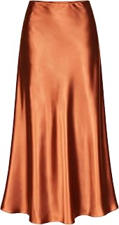 ALCEA ROSEA Women Silky Satin Midi Skirt High Waist Elastic A-Line Skirt for Wedding Party Work