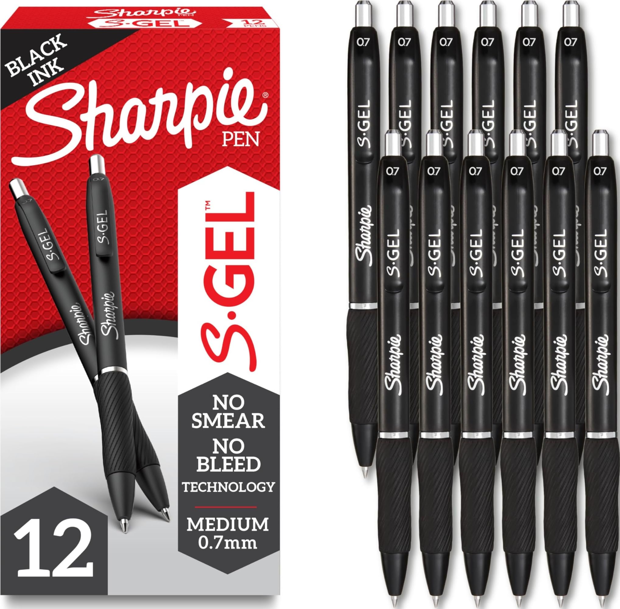 Sharpie S-Gel Gel Pens, Black Barrel, Medium Point (0.7mm), Black Gel Ink, 12 Co