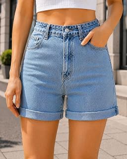 Jean Shorts Womens Mid Waisted Casual Denim Shorts with Stretch Folded Hem