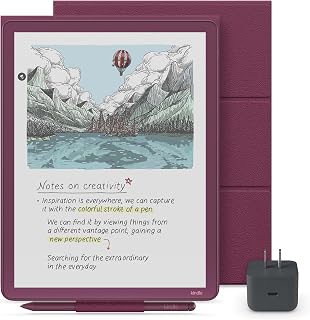 Amazon Kindle Scribe Essentials Bundle - Amazon Kindle Scribe Colorsoft (64GB) - Fig, Premium Pen, Premium Leather Folio Cover-Fig,Power Adapter