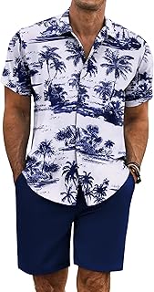 COOFANDY Men's Summer Linen 2 Piece Outfits Short Sleeve Shirts and Shorts Set Holiday Textured