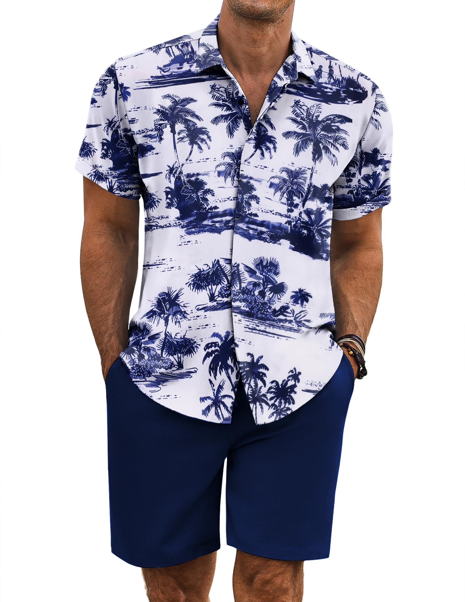 COOFANDY Men's Summer Linen 2 Piece Outfits Short Sleeve Shirts and Shorts Set H