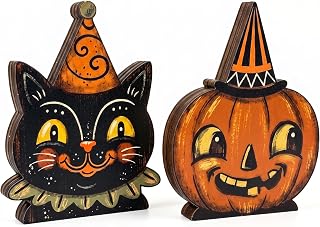Wooden Halloween Decor Small Halloween Signs Indoor Decor Black Cat Pumpkin | Set Of 2 Vintage 4in Plywood Signs For Fireplace Mantel Tiered Tray Table Farmhouse Spooky Halloween Center Piece Home Decor
