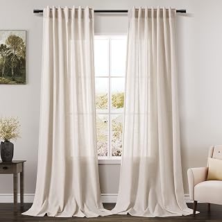Tan Beige Linen Curtains 90 inch Length for Living Room 2 Panels Burlap Textured Semi Sheer Linen Drapes Rustic Country Window Treatment Farmhouse Drop Cloth Curtain 90 inches Long for Dinning Room