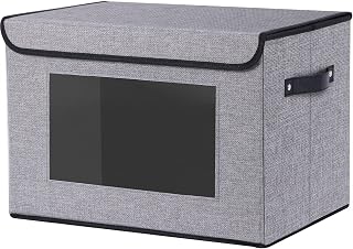 Collapsible Storage Boxes with Lids, Shelf Basket with Handles, Cube Organizer with Transparent Window for Organizing, 38x25x25 cm Decorative Fabric Bins, Gray, 1-Pack