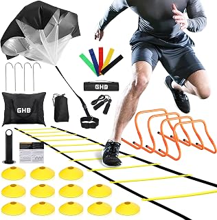 GHB Agility Ladder,Football Training Equipment Set | 4 Agility Hurdles, 20 feet12 Rungs Speed Ladder,12 Disc Cones,Resistance Parachute, Jump Rope, 5 Resistance Bands