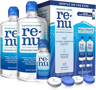 Renu Advanced Multi-Purpose Contact Lens Solution & Case, 16 oz 2-Pack | Includes travel size 2 fl oz, cleans disinfects moisturizes soft lenses, lens case included, bulk value pack
