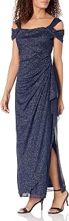 Alex Evenings Off Shoulder Mesh Long Dress (Regular, Plus Size, Petite) Special Occasion Dress Women, Dark Navy Blue Glitter, 44