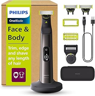 Philips OneBlade Pro 360 Authentic Face & Body Electric Beard Trimmer, Shaver and Bodygroomer, 3X 360 Blade, 20-Length Comb, Kit, Charging Stand, Travel Case, QP6652/35