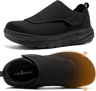 OrthoComfoot Men's Orthopedic Diabetic Extra Wide Walking Shoes, Adjustable Arch Support Slip Ons Loafers for Swollen Feet, Orthotic Plantar Fasciitis House Shoes for Foot & Heel Pain Relief