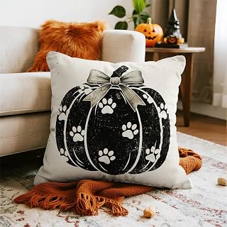 Halloween Pumpkin Pillow Case 18x18 Inch Vintage Black Pumpkin White Dog Paw Bow Autumn Halloween Decorative Cushion Cover Farmhouse Sofa Couch Home Decor