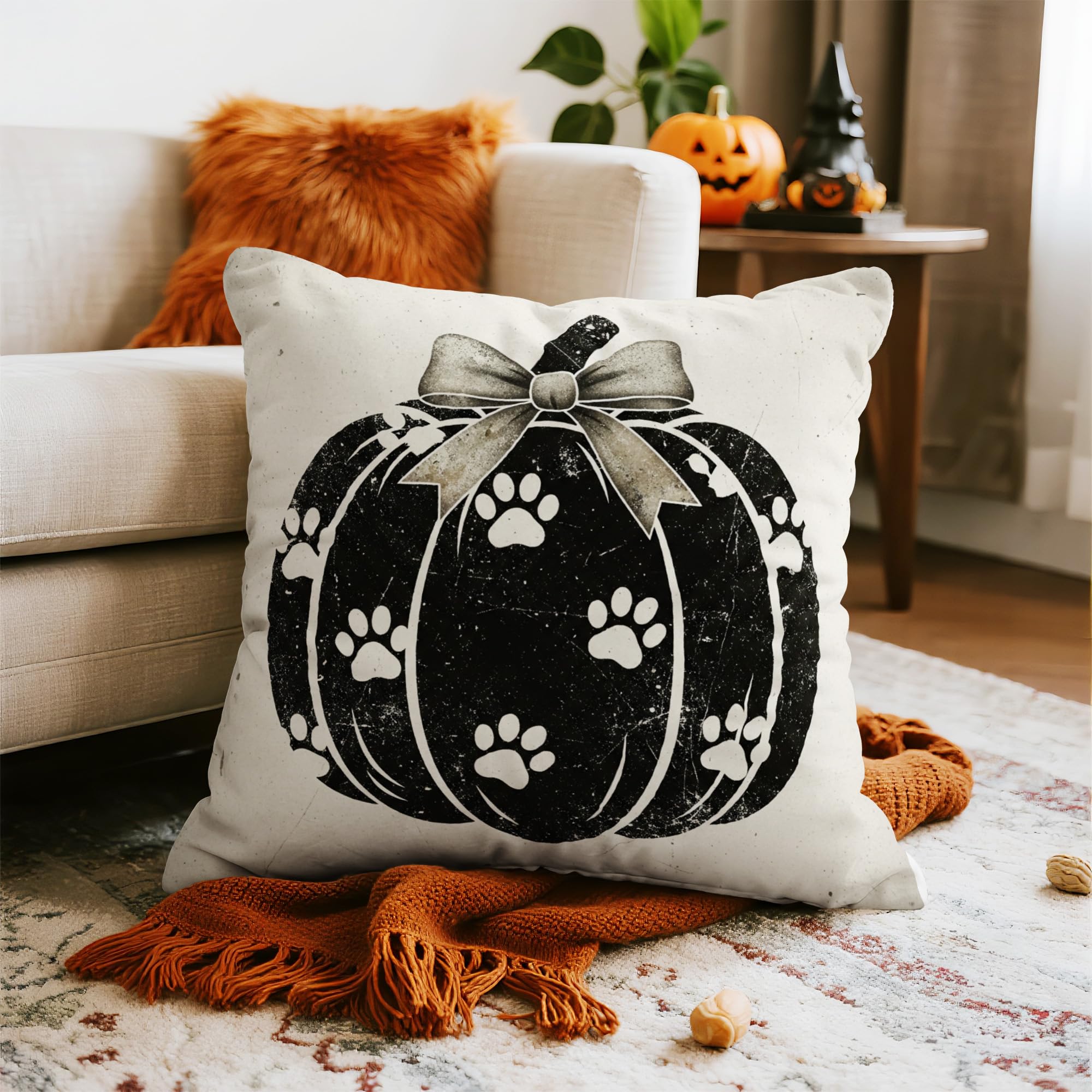 Halloween Pumpkin Pillow Case 18x18 Inch Vintage Black Pumpkin White Dog Paw Bow