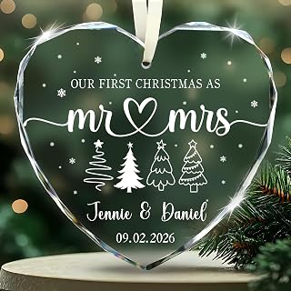 Personalized Mr & Mrs Glass Ornament 2026 – First Christmas Married Gift for Couple – Custom Wedding Ornament with Name & Date – Crystal Keepsake for Newlyweds