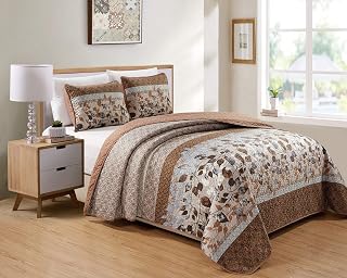 Bedspread Set Brown Tan Sky Blue Leaves White New (King/California King)