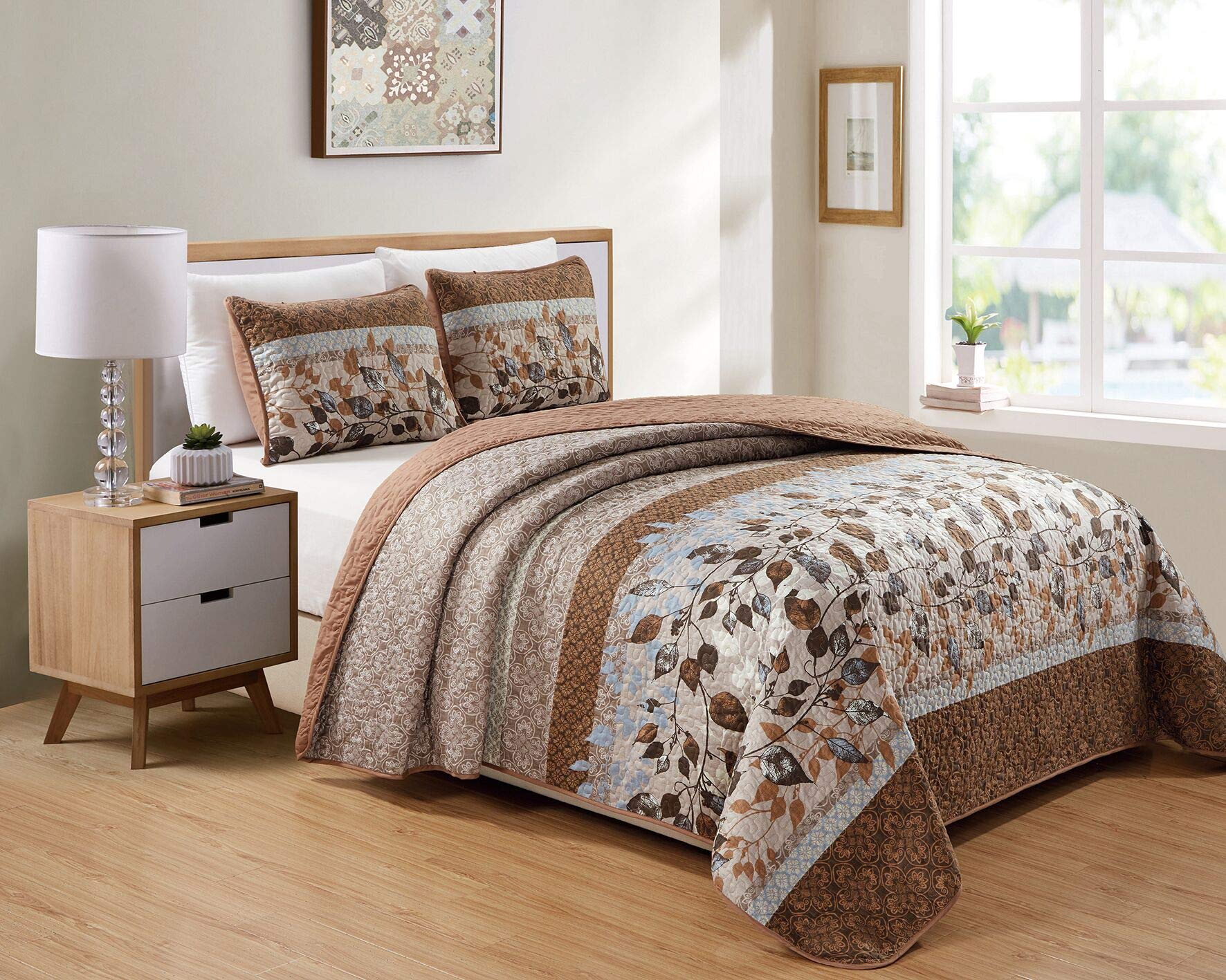 Bedspread Set Brown Tan Sky Blue Leaves White New (King/California King)