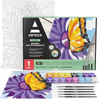 ARTEZA Paint by Numbers Kit for Adults, 12x16 Inches, 25 Pieces, 1 Canvas Panel, 16 Acrylic Paint Pots, 5 Paintbrushes, Art Supplies for Home & Office