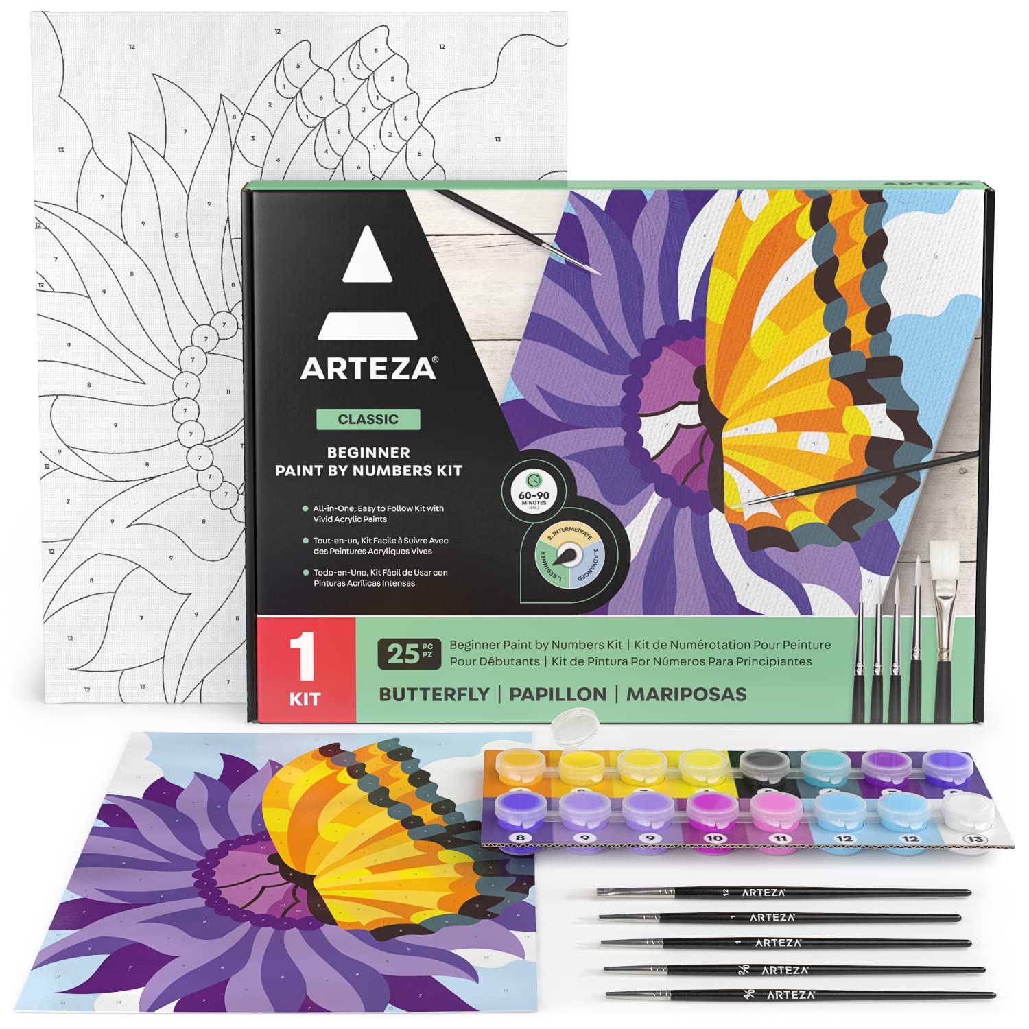 ARTEZA Paint by Numbers Kit for Adults, 12x16 Inches, 25 Pieces, 1 Canvas Panel,