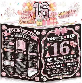 16th Birthday Card Gifts for Girls - 3D Pop Up & Large 16th Birthday Card Decorations for Daughter Granddaughter Niece, Happy 16 Year Old Birthday Card Gifts Decor, Back in 2010, Black Pink