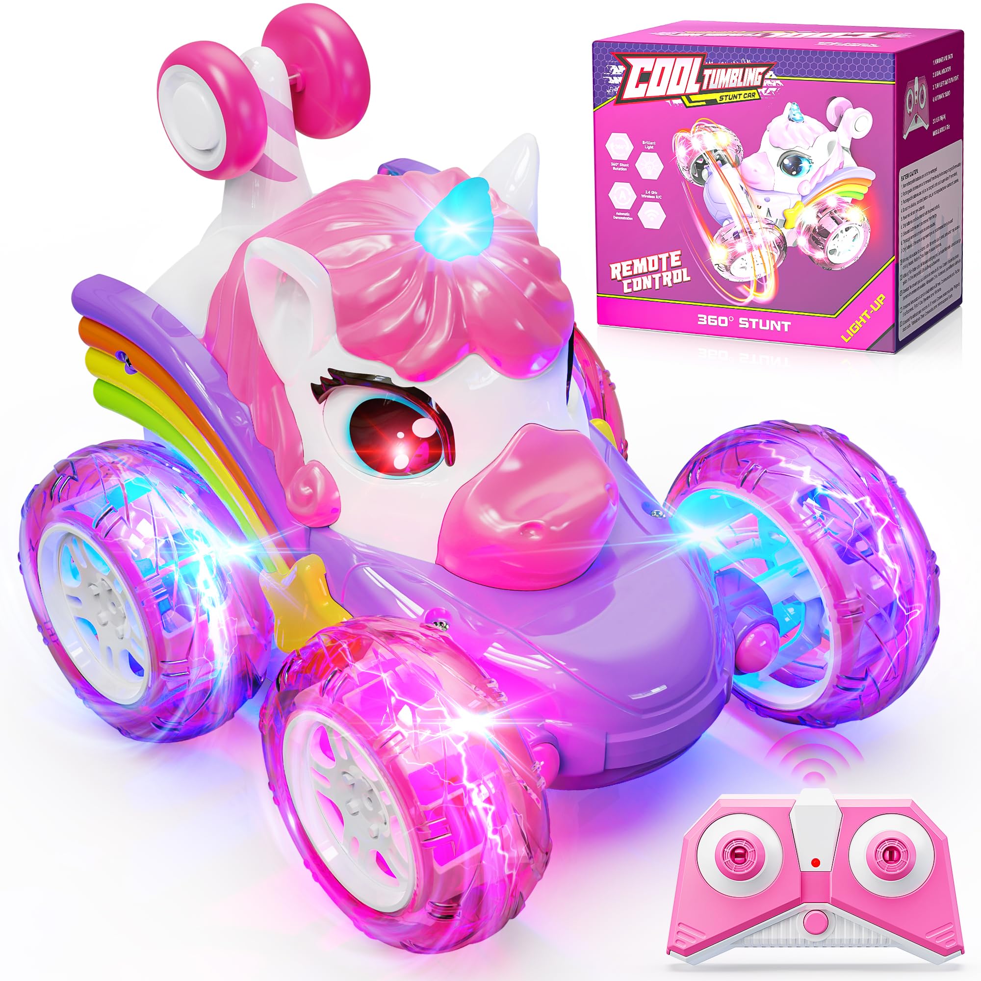 Hot Bee Unicorn Toys for Girls, Pink Remote Control Car with LED Lights | Sounds