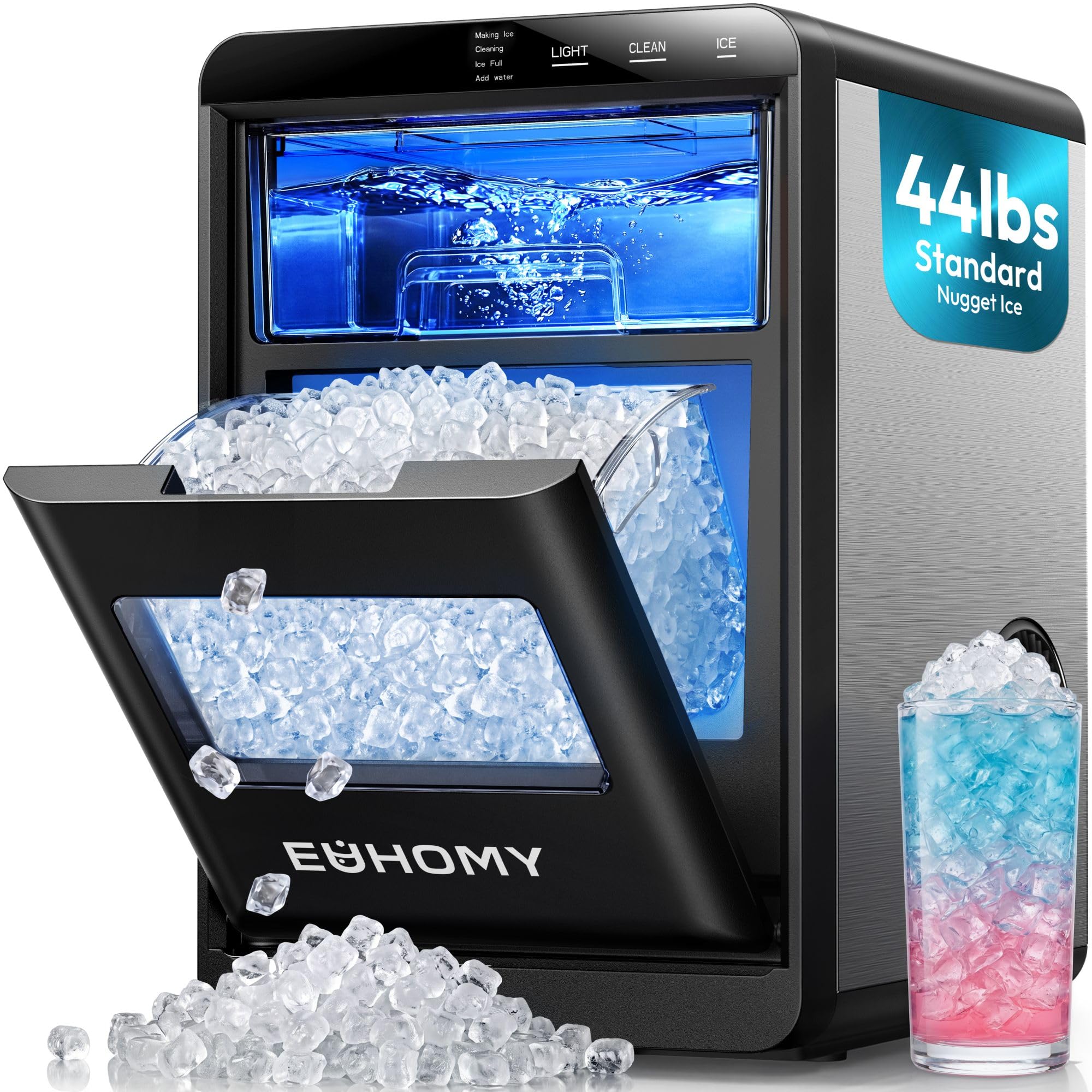 EUHOMY Nugget Ice Maker Countertop, 44lbs/24H, Ready in 7-10Mins, Black | Self-C