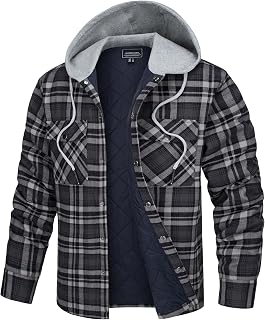 TACVASEN Men's Hooded Plaid Flannel Shacket Quilted Lined Warm Jacket
