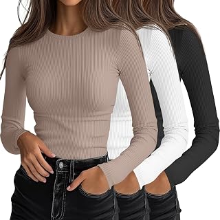 Ficerd - Pack of 3 Women's Long Sleeve T-Shirts Slim Fit Round Neck Casual Ribbed Knit Tops