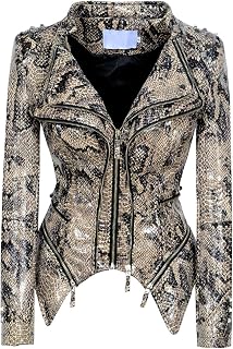 chouyatou Women's Fashion Snake Pattern Print Studded Moto Pu Leather Biker Jacket