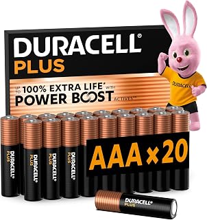 DURACELL Plus AAA Batteries (Pack of 20) - 1.5V Alkaline Batteries - Up to 150% Extra Life with Active Power Boost- Reliability for Everyday Devices - 0% Plastic Packaging - MN2400 | Hasta un 100% de extra duración con POWER BOOST ACTIVES – Mandos para videojuegos y cámaras digitales